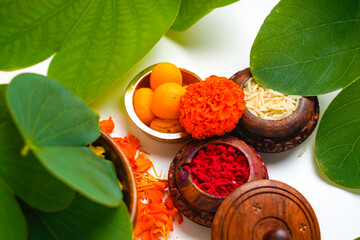 Happy Dussehra greeting card , green apta leaf and rice, Indian festival dussehra © Neha