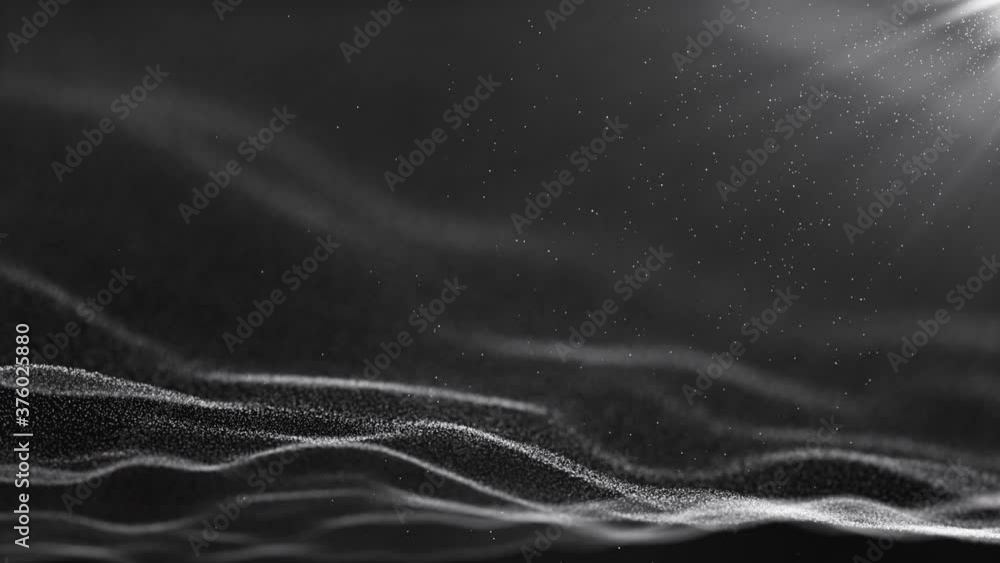Poster dark light white black particle form abstract animation background with falling and flicker light be
