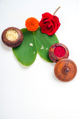 Happy Dussehra greeting card , green apta leaf and rice, Indian festival dussehra