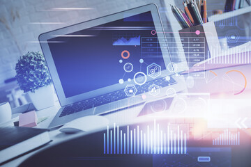 Fototapeta premium Multi exposure of desktop with personal computer and tech theme drawing. Concept of Bigdata.