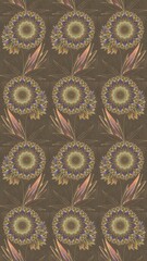 Seamless floral pattern with mandala flowers and tropic leaves on a brown background. The elegant template for fashion prints.