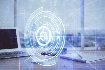 Double exposure of desktop computer and technology theme hologram. Concept of software development.