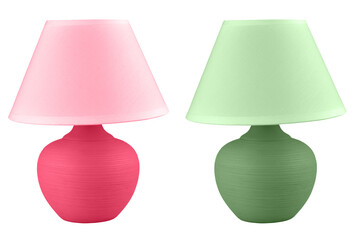 table lamp isolated on white background. Set of two lamps in green and pink colors