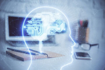 Multi exposure of work space with computer and human brain hologram. Brainstorm concept.