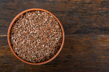 Сlaybowl with flax seeds. Top view.