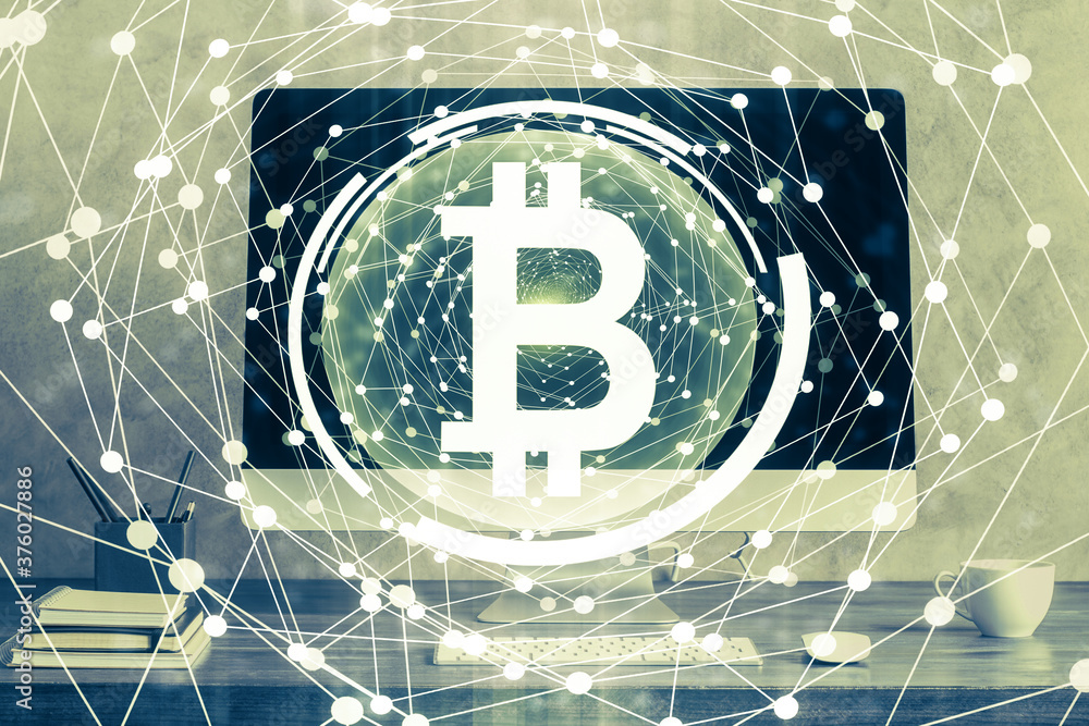 Aufkleber Double exposure of blockchain theme hologram and table with computer background. Concept of bitcoin crypto currency.