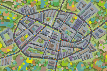 Obraz premium City top view. Streets, houses, buildings, roads, crossroads, park, trees, cars. (view from above)