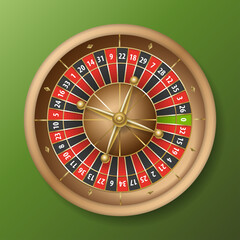 Vector classic European roulette placed on an endless green surface. Red & Black Betting casino squares. Winning money. Losing at gambling. classic casino roulette and green table. Top view.