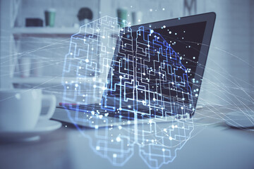 Multi exposure of work table with computer and brain hologram. Brainstorm concept.