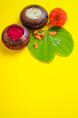 Happy Dussehra greeting card , green apta leaf and rice, Indian festival dussehra