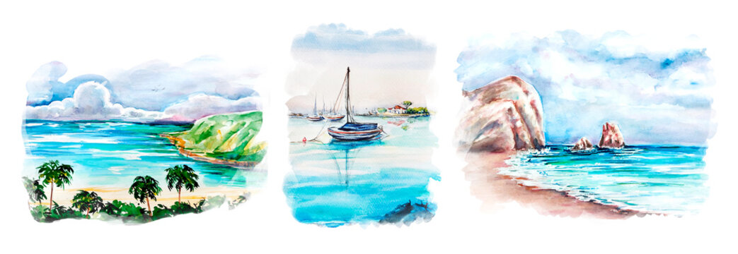 Aquarelle set of seaside sketch art, background illustration
