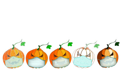 beautiful Halloween background on pumpkins wearing a medical mask