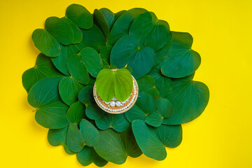 Happy Dussehra greeting card , green apta leaf and rice, Indian festival dussehra