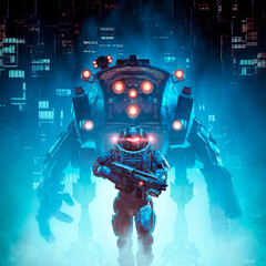 Cyberpunk soldier mech patrol / 3D illustration of science fiction military cyborg warrior patrolling futuristic dystopian city with giant robot