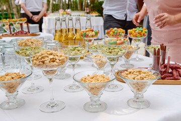 Buffet table with beer snacks at luxury wedding reception outdoors, copy space. Serving food and appetizers at restaurant. Catering banquet table