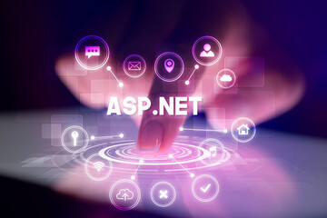 Finger touching tablet with web technology icons and ASP.NET inscription, web technology concept