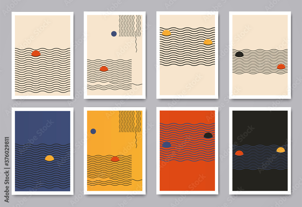Poster modern minimalistic geometric patterns with dynamic wavy lines and circles