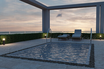 3d rendering of modern swimming pool at tiled terrace in the evening light