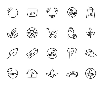 Vector set of organic product line icons. Contains icons eco, natural, organic cosmetics, food, clothing, housing, eco car, bio product and more. Pixel perfect.