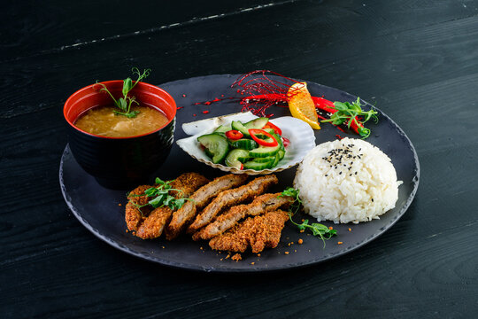 Japanese lunch set food. deep fried chicken or karake with teriyaki sauce