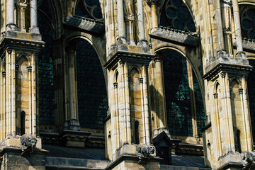 View of the exterior facade of the Roman Catholic Notre Dame de Reims Cathedral, a historical...