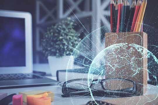 Social network theme drawing with glasses on the table background. Concept of people media connection. Double exposure.