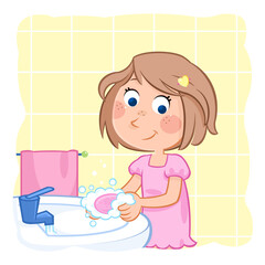 Hygiene - Daily routine of a little girl with light brown hair - Washing hands