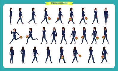 Plakat Collection set of walking and running business woman.Walk, run, active. Variety of movements. Flat Character cartoon style, Side view, haft front view,Vector design isolated vector. Business people
