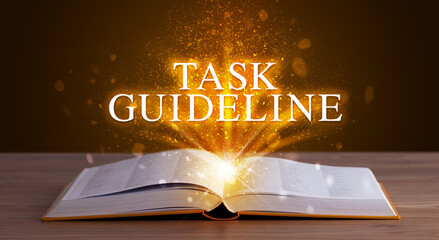 TASK GUIDELINE inscription coming out from an open book, educational concept