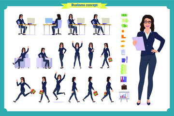 Set of Businesswoman character design with different poses.Elegant female office assistant sitting at the table with computer.Vector flat style illustration isolated on white.secretary working at desk