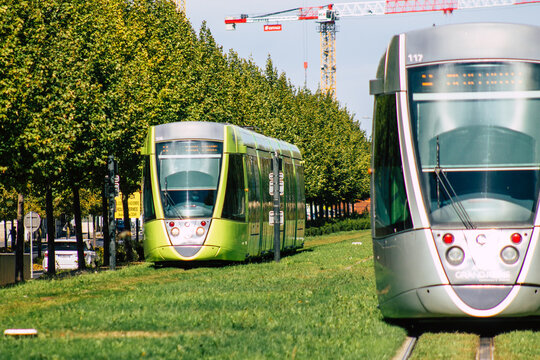 View Of A Modern Electric Tram For Passengers Driving Through The Streets And Part Of The Public Transport System Of Reims, A City In The Grand Est Region Of France