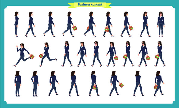 Collection set of walking and running business woman.Walk, run, active. Variety of movements. Flat Character cartoon style, Side view, haft front view,Vector design isolated vector. Business people