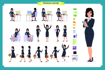Ready-to-use character set. Young business woman in formal wear. Different poses and emotions, running, standing, sitting, walking, happy, angry. Full length, front, rear view against white background