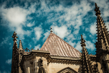 View of the exterior facade of the Roman Catholic Notre Dame de Reims Cathedral, a historical...