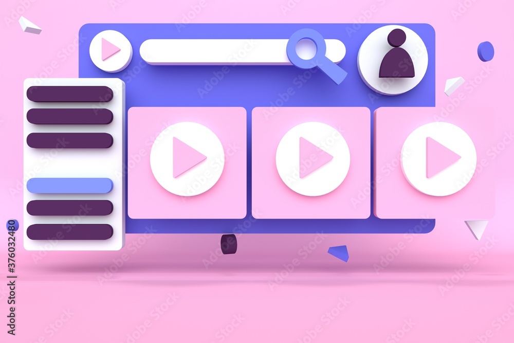 Poster website for watching videos. screen on a pink background with flying figures. screen on a white back