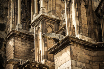 View of the exterior facade of the Roman Catholic Notre Dame de Reims Cathedral, a historical...