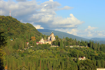 Fototapeta na wymiar View of the new Athos monastery in New Athos in Abkhazia, Republic of Abkhazia, Caucasus.