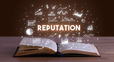 REPUTATION inscription coming out from an open book, business concept