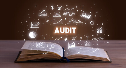 AUDIT inscription coming out from an open book, business concept