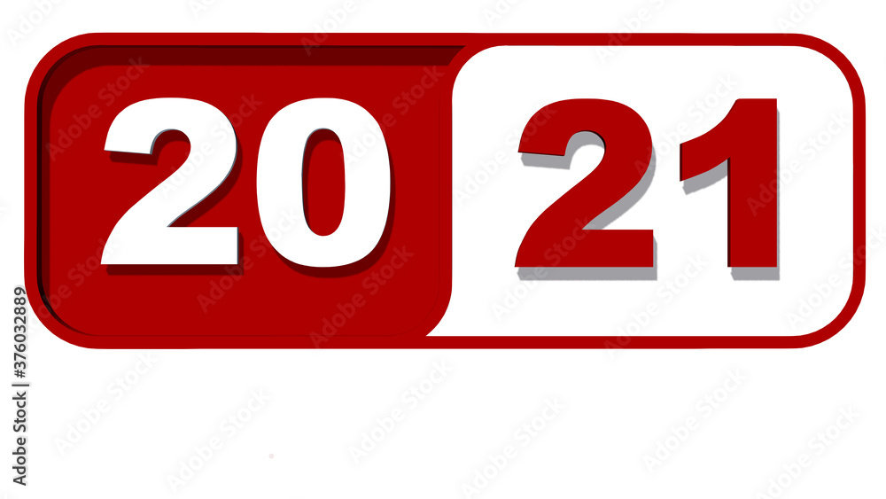 Poster year change 2021 - year numbers in red color on plate - isolated on white background - 3d illustrati