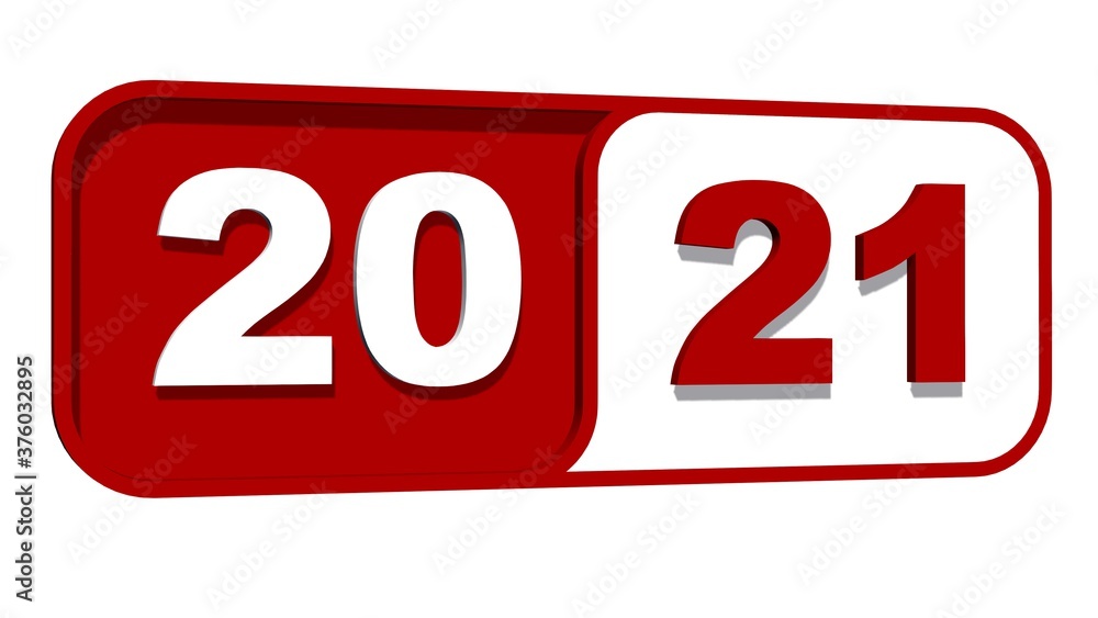 Aufkleber year change 2021 - year numbers in red color on plate - isolated on white background - 3d illustrati