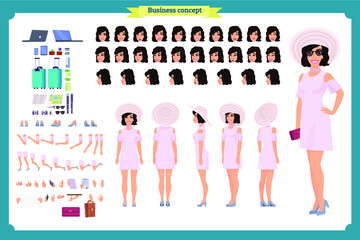 Tourist female, vacation traveller character creation set. Full length, views, emotions, gestures, tan skin tones, white background. Build your own design. Cartoon flat-style infographic illustration