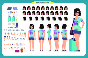 Tourist female, vacation traveller character creation set. Full length, views, emotions, gestures, tan skin tones, white background. Build your own design. Cartoon flat-style infographic illustration