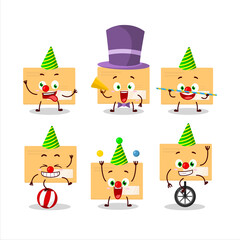 Cartoon character of brown rectangle envelope with various circus shows