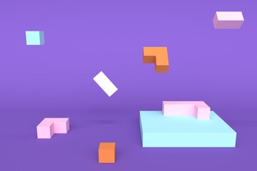 Lilac abstract background with podium and flying figures. Backdrop design for product promotion. 3d rendering