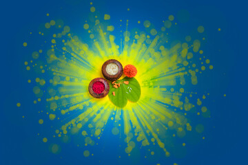 Happy Dussehra greeting card , green leaf and Rice,Indian festival Dussehra