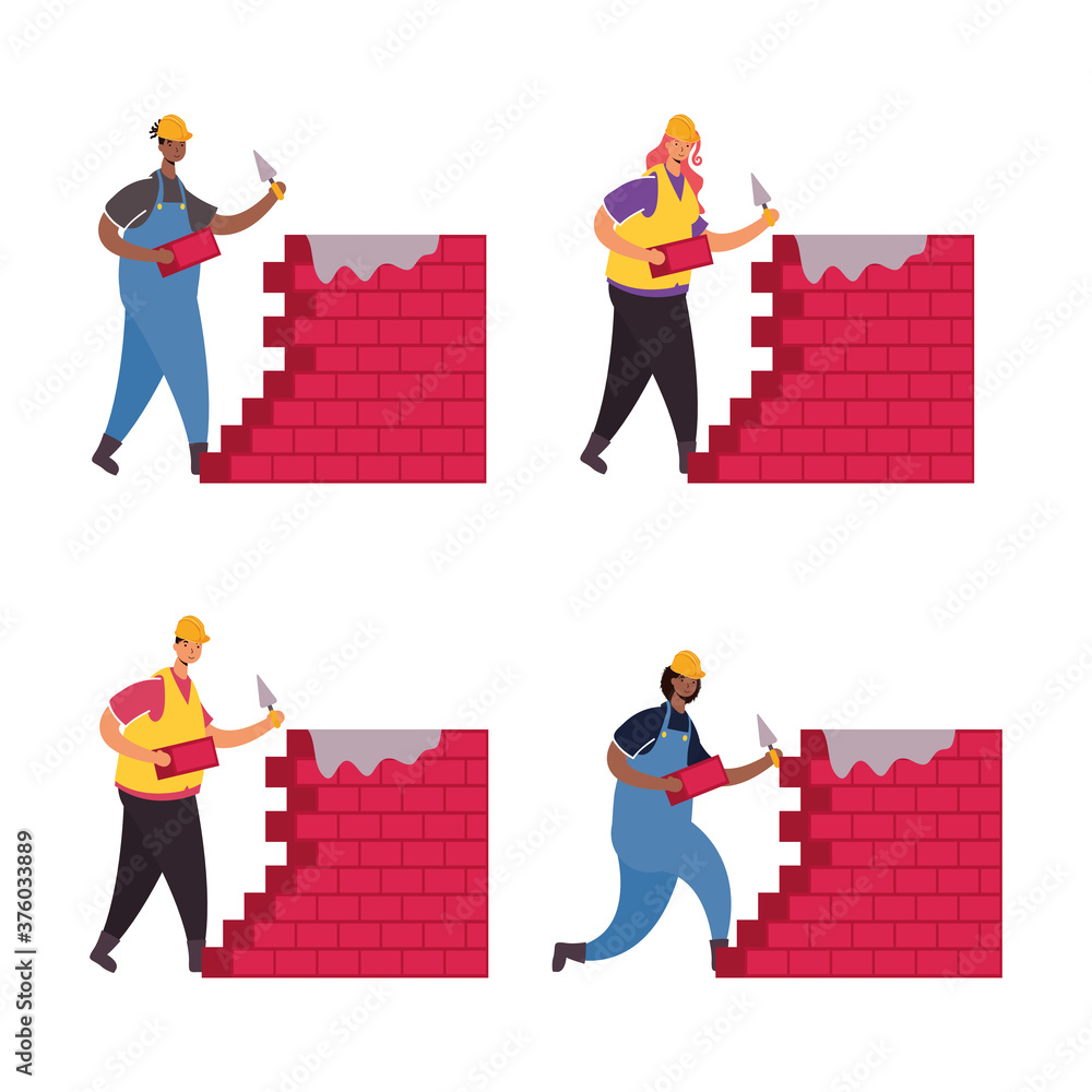 Poster constructors workers with bricks walls characters scene