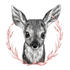 Cute baby deer portrait. Hand drawn illustration. Nursery poster