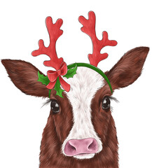 Cute christmas cow portrait. New year 2021. Christmas bull. Cute calf. Deer horns