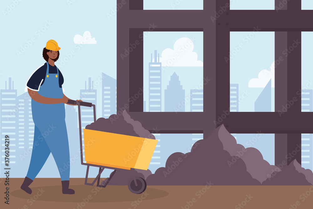 Poster constructor worker with wheelbarrow character scene
